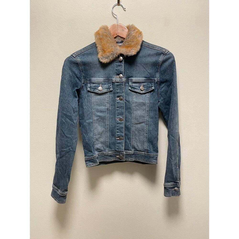 Vintage Rubbish Juniors Jacket Small Blue Denim Faux Fur Trim Stretch Grunge Y2K